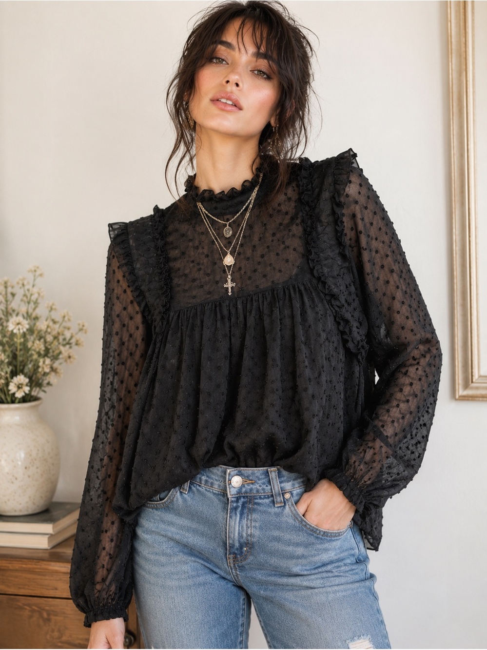 ZARA Romantic Gothic Swiss Dot Sheer Ruffle Blouse Top Black